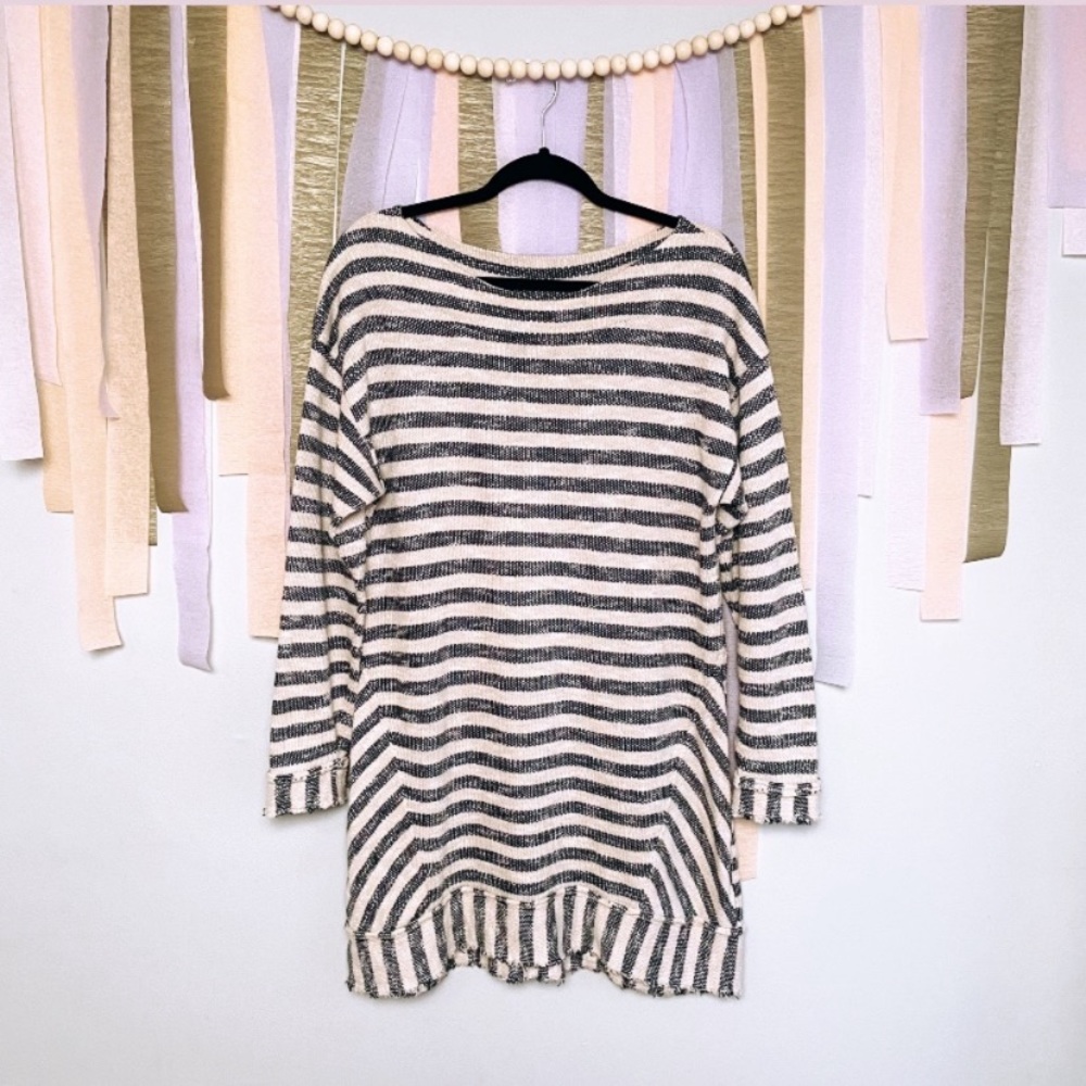 Soft Surroundings Marina Striped Boat Neck Raw Edge Hem Tunic Blouse Women’s Lg